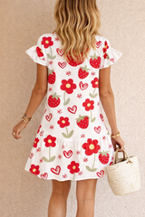 Strawberry Floral Ruffle Sleeve Mini Dress