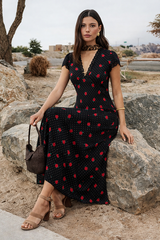 Boho Floral Midi Dress – Vintage Rose Print V-Neck Summer Vacation Dress