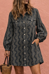 Vintage Western Print Shirt Dress – Retro Boho Button Down Mini Dress