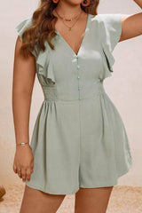 Ruffle Sleeve V-Neck Buttoned Romper