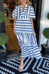 Women's Short Bubble Sleeve Striped Dress With Pockets