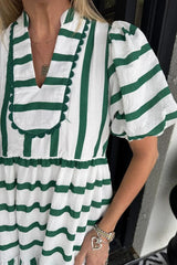 Women's Short Bubble Sleeve Striped Dress With Pockets