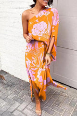 Casual One Shoulder Side Split Printed Dress