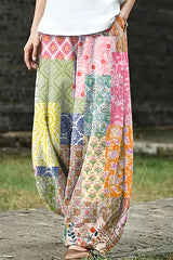 Retro Artistic Patchwork Printed Trousers - Women’s Bohemian Relaxed Fit Palazzo Pants, Vibrant Multi-Pattern Summer Lounge Pants for Vacation