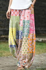 Retro Artistic Patchwork Printed Trousers - Women’s Bohemian Relaxed Fit Palazzo Pants, Vibrant Multi-Pattern Summer Lounge Pants for Vacation