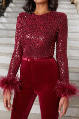 Feather-Paneled Long Sleeves Bell Bottoms Sequin Jumpsuit