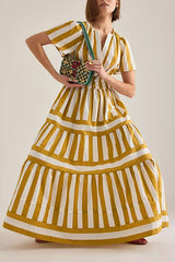 Yellow & White Striped V-Neck Dress with Puffed Sleeves