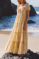 Yellow Floral Square-Neck Dress with Puffed Sleeves