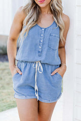 Denim Jumpsuit with Button Front & Drawstring Waist