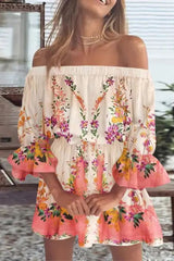 Off-Shoulder Floral Print Dress with Flared Sleeves - Elegant Midi Dress for Spring and Summer