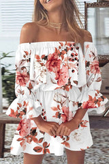 Off-Shoulder Floral Print Dress with Flared Sleeves - Elegant Midi Dress for Spring and Summer