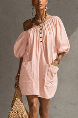Off-the-Shoulder Midi Dress with Puff Sleeves & Pockets - Boho Summer Dress with Black Buttons
