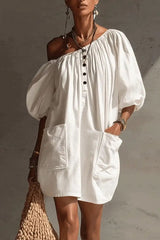 Off-the-Shoulder Midi Dress with Puff Sleeves & Pockets - Boho Summer Dress with Black Buttons
