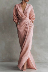 V-Neck Twist-Knot Maxi Dress with Puff Sleeves - Elegant Side-Slit Evening Gown