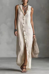 Sleeveless Button-Front Jumpsuit with High Leg Slit - Minimalist Wide-Leg Romper for Women