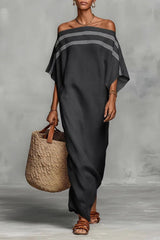Off-Shoulder Striped Maxi Dress with Grey Accents - Relaxed Bohemian Summer Dress
