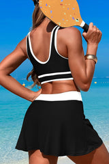 Sporty Two-Tone Skirted Bikini Set with U-Neck Crop Top
