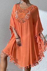 Orange Crochet Neck Tassel Trim Beach Cover-Up, Loose Batwing Sleeve Kaftan Dress