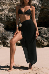 Black Triangle Bikini with Textured Waffle Knit Sarong Cover-Up, 2-Piece Beach Set