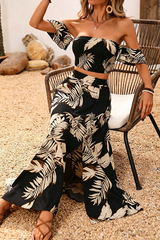Tropical Leaf Print Off-Shoulder Two-Piece Crop Top & Maxi Skirt Set