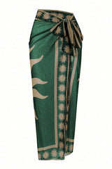 Green Deep V-Neck One-Piece Swimsuit with Gold Buckle & Printed Sarong Cover-Up Set