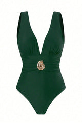 Green Deep V-Neck One-Piece Swimsuit with Gold Buckle & Printed Sarong Cover-Up Set