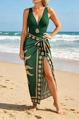Green Deep V-Neck One-Piece Swimsuit with Gold Buckle & Printed Sarong Cover-Up Set