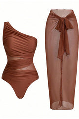 2-Piece One Shoulder Ruched Bikini Set with Mesh Cover-Up Skirt
