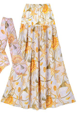 Pink Ocean Print Maxi Dress, V-Neck Long Sleeve Gold Buckle Waist Vacation Dress