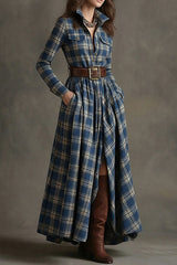 Vintage Plaid Flannel Long Sleeve Maxi Shirt Dress