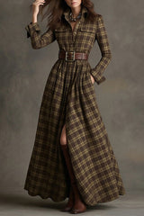 Vintage Plaid Flannel Long Sleeve Maxi Shirt Dress