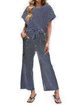 Striped Short Sleeve T-Shirts Wide Leg Pants Two Piece Set (Buy 2 Free Shipping)