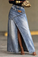 High Waist Denim Maxi Skirt – Asymmetrical Split Casual Long Skirt