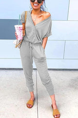 Heididress V Neck Tie Waist Solid Jumpsuit with Pockets