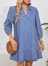 Women's V-Neck Puff Sleeve Denim Layered Dress