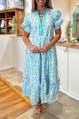Floral Print Ruffled Puff Sleeved Maxi Dress