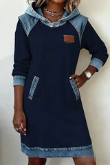Daily White Hooded Long Sleeve Contrast Casual Pocket Denim Midi Dresses