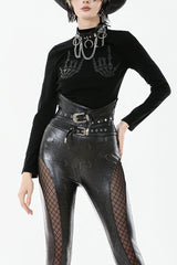 Punk Skeleton Hand Leather Appliqué Embroidered Mock Neck Tee