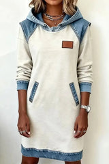 Daily White Hooded Long Sleeve Contrast Casual Pocket Denim Midi Dresses