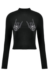 Punk Skeleton Hand Leather Appliqué Embroidered Mock Neck Tee