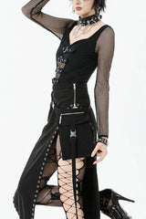 Punk Knitted Top with Mesh Overlay and Shoulder Buckle Details