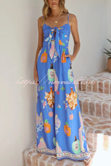 Perfume Bottle Print Strappy Fitted Waist Casual Pocket Wide-Leg Jumpsuit