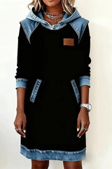 Daily White Hooded Long Sleeve Contrast Casual Pocket Denim Midi Dresses
