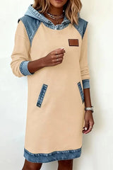Daily White Hooded Long Sleeve Contrast Casual Pocket Denim Midi Dresses