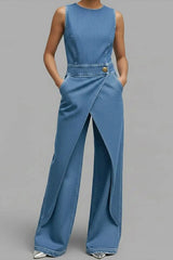 Women's Relaxed Round Neck Sleeveless Casual Loose Denim Wide-Leg Jumpsuit