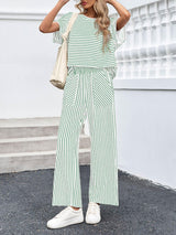 Striped Short Sleeve T-Shirts Wide Leg Pants Two Piece Set (Buy 2 Free Shipping)