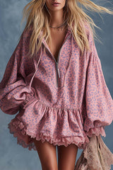Elegant Western Hooded Front Zipper Ruffled Hem Pink Leopard Print Fuax Suede Mini Dress