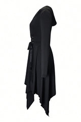 Vintage Asymmetrical Hem Long Sleeve Hooded Dress For Spring & Fall