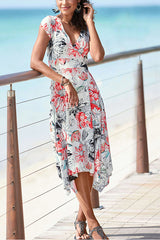 Women’s Floral Asymmetrical Hem V-Neck Midi Dress