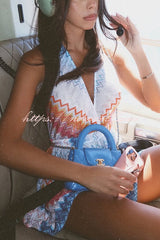 Eleanor Knit Colorful Zigzag Pattern Halter V-neck Tie-up Loose Romper